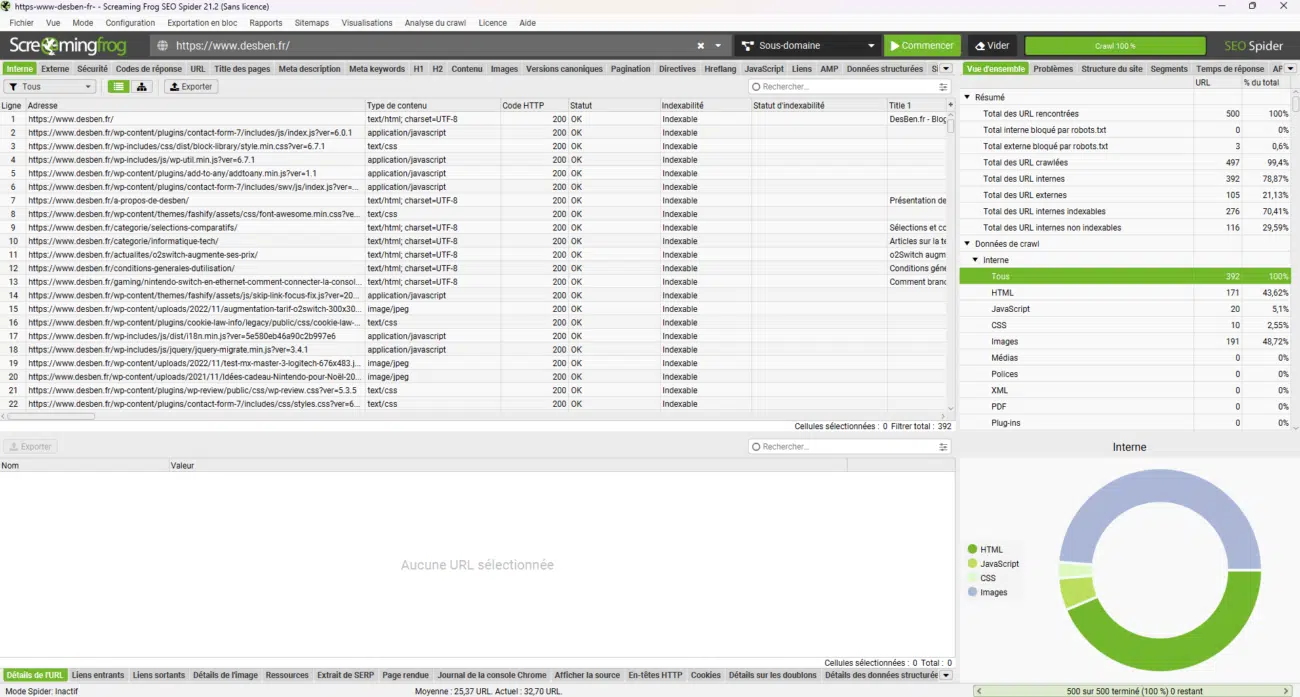 Capture d'écran DesBen.fr - ScreamingFrog