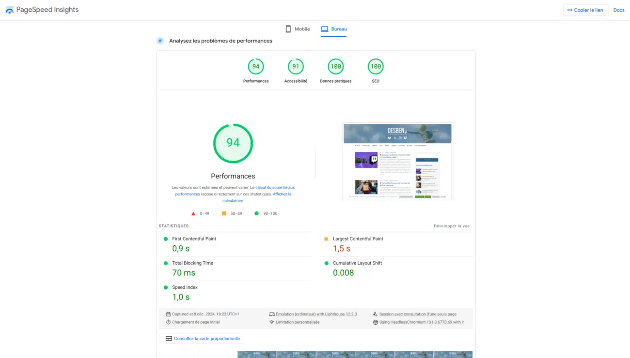 Capture d'écran DesBen.fr - Google Pagespeed Insights